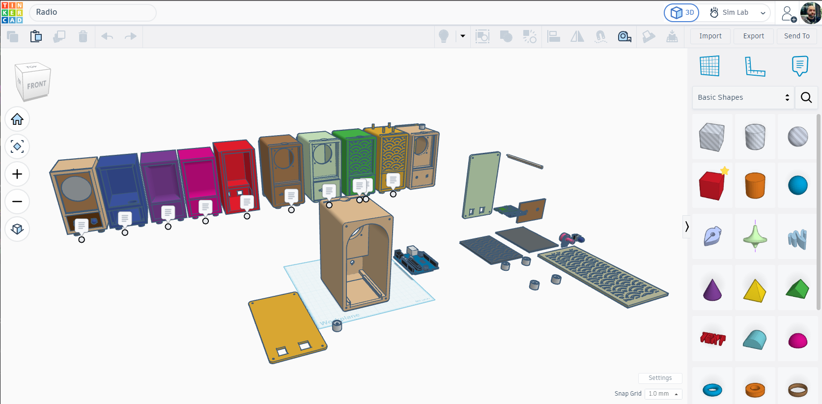 TinkerCAD workspace showing multiple radio enclosure prototypes and separated printable parts