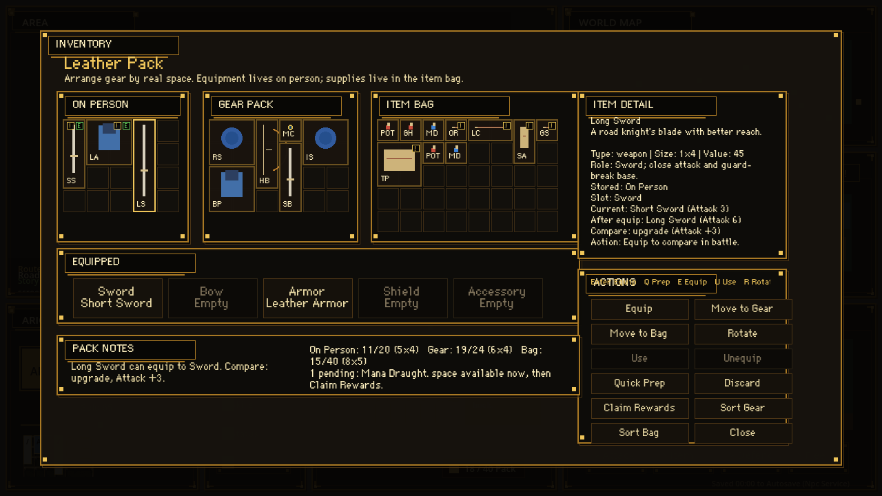 Beyond the Kings Road inventory gear bag screen