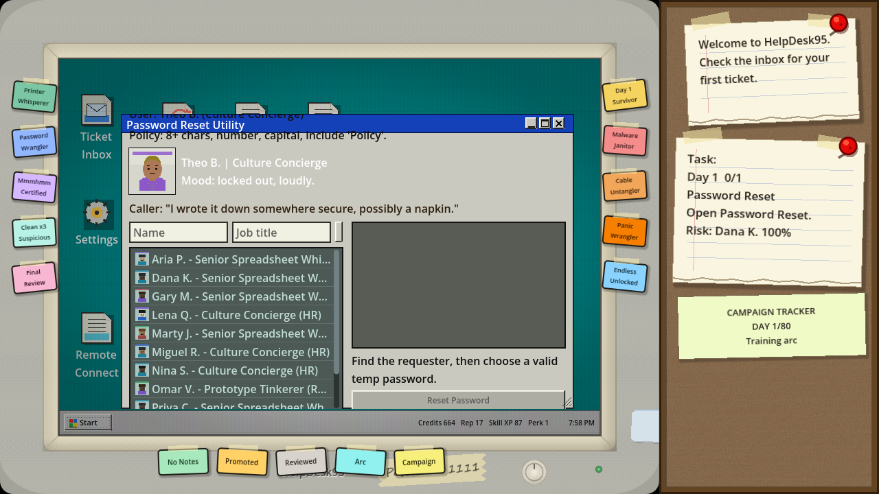 Help Desk 95 password reset minigame