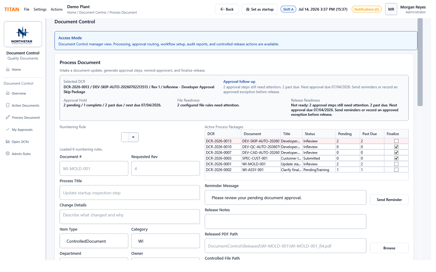 TITAN document control processor screen