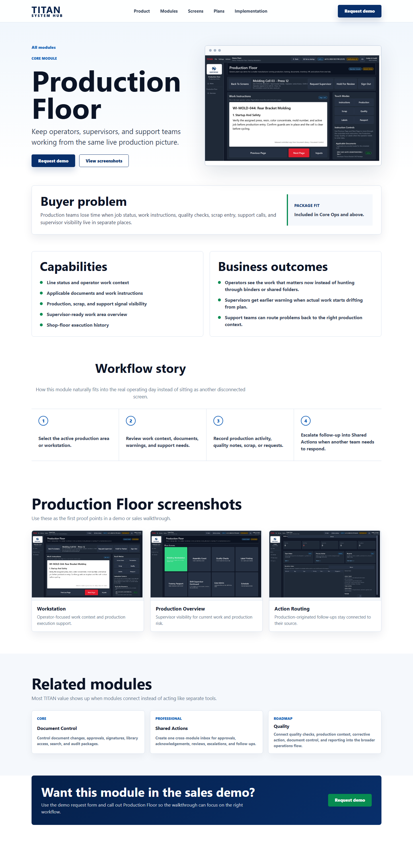 TITAN Production Floor marketing page screenshot